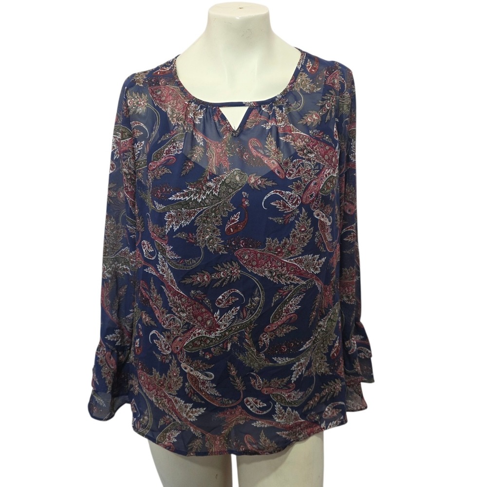 I.N. Studio Paisley Sheer Blouse Women's M Blue Boho Keyhole Bell Sleeve Top